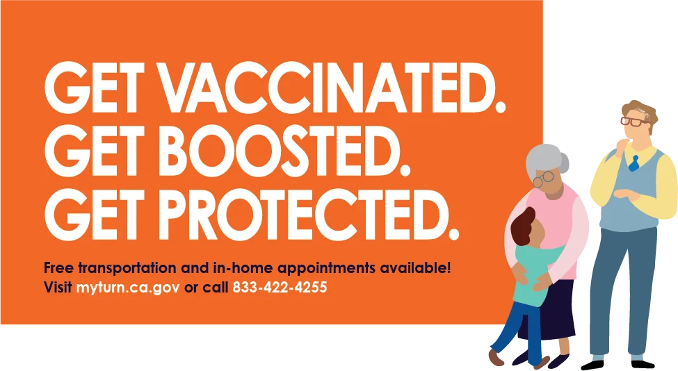 Covid-19 postcard encouraging Get Vaccinated, Get Boosted, Get Protected